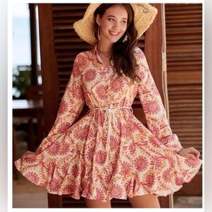 Zara Pink Cream Floral Tie-Waist Mini Dress